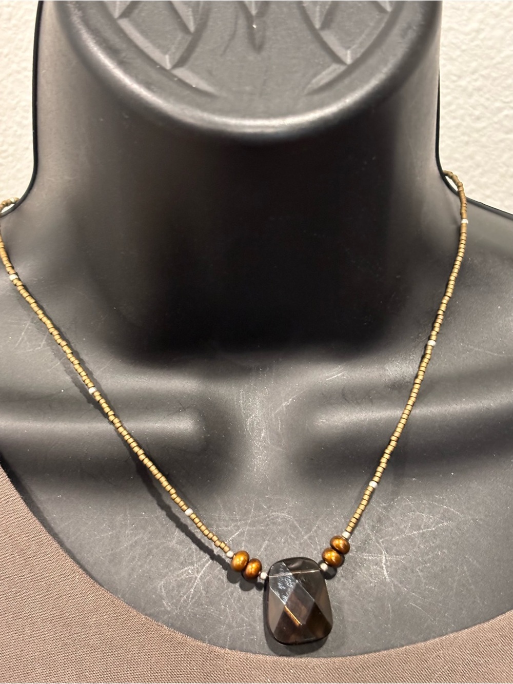 925 Sterling Brown Beaded Necklace with Faceted Pendant